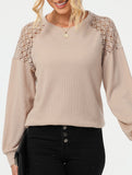 Solid color lace splice pullover long sleeve top