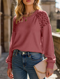 Solid color lace splice pullover long sleeve top