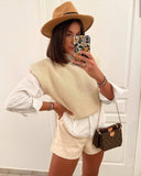 Solid Sleeveless Turtleneck Shoulder Pad Sweater