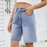 Washed Straight Leg Casual Edging Denim Shorts