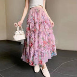 COLORFUL FLORAL MESH PRINT PLEATED TULLE SKIRT_CWBLS0399