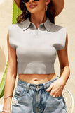 Solid Polo Neck Casual Short Sleeveless Knit Top_Cwoswsl0084