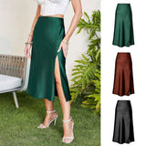 HIGH WAIST SATIN SKIRT SOLID COLOR SLIT LONG SKIRT_CWBSS0400