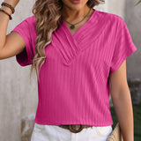 Womens V Neck Pullover Jacquard Short Sleeved Top_Cwtts0897