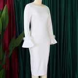 FASHION SOLID COLOR HIPWRAPPED FLARED SLEEVE DRESS_CWDMD3663