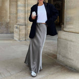 SATIN LONG SKIRT HIGH WAIST DRAWSTRING SKIRT_CWAB4792