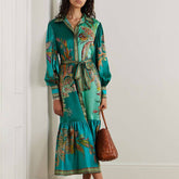 Vintage Print Dress With Lapel Lantern Sleeves