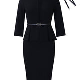 V-Neck Ruffled High Waist Slim Commuter Dress
