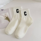 Women'S New White Striped Polka Dot Mid-Calf Socks_Cwms1350
