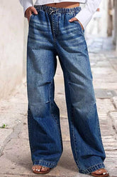 Cwjp0585_Mid Waist Pleated Wide Leg Straight Jeans