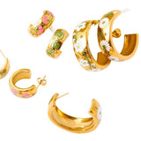 ENAMEL FLORAL ROSE C HOOP EARRINGS GOLD STAINLESS_CWAJE5035