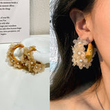 HANDMADE PEARL FLOWER C SHAPED EARRINGS_CWMM6275