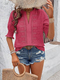 Womens V-Neck Puff Sleeve Lace Pom-Pom T-Shirt