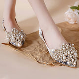 FAUX PEARL FLORAL PRINT DECOR FLAT SHOES FOR WOMAN_CWSHF0008