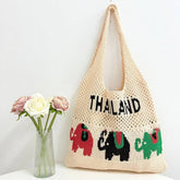 Cuab00632_2025 Boho Elephant Straw Tote Bag Beach Vacation
