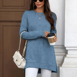 Solid-Color Round-Neck Long-Sleeved Slit T-Shirt
