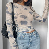 FLORAL PRINT MESH LONG SLEEVE FITTED CROP TOP_CWTBLL3428