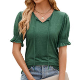 V-Neck Drawstring Pleated Loose Fitting T-Shirt