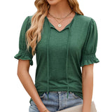 V-Neck Drawstring Pleated Loose Fitting T-Shirt