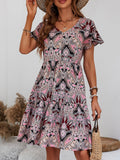 V-Neck Casual Holiday Print Lotus Sleeves Dress