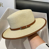 BRITISH STYLE FLAT TOP FASHIONABLE BELT STRAW HAT_CWAH1156