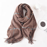 Women Color Matching Plaid Tassel Warm Scarf