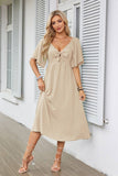 V-Neck Bow Pleated Mid-Length Short-Sleeved Dress