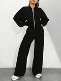 Zipper Cardigan Straight-Leg Sport Pants Set