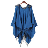 Women Hooded Tassel Split Shawl Wrapped Cloak