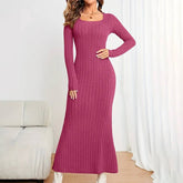 Square Collar Solid Color Long Long-Sleeved Dress