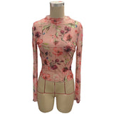 SEMI SHEER FLORAL PRINT MESH LACE SLIM FIT TOP_CWTBLL3429