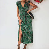 Women V Neck Split Print Dress_Cwdsd2622