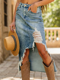 Trendy asymmetrical ripped denim skirt