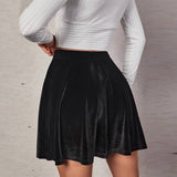 Womens Velvet A-Line Skirt With Ruffle Hem