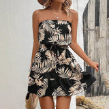 Strapless,Cinched Waist Lace-Up Printed Dress