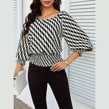 Waist-In Color Contrast Printed Long Sleevet-Shirt
