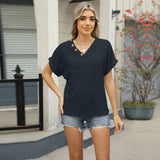V-Neck Jacquard Button Loose Cutout T-Shirt