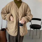 V Round Neck Spliced Lamb Wool Padded Jacket