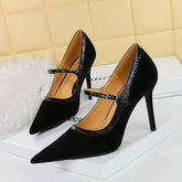 RETRO BLACK SUEDE SHALLOW POINTED TOE HIGH HEELS_CWSHH0111