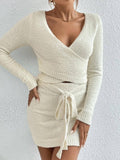 Two-Piece Knitted Solid-Color Top,Skirt Set