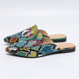 STYLISH SNAKE PRINT FLAT POINTED TOE MULES_CWSHF0030