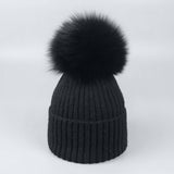 Winter Knit Beanie Hat With Fox Fur Pom For Women_Cwah05043