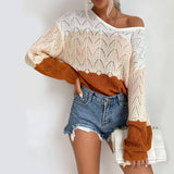 V-Neck Hollowed-Out Color-Blocking Sweater