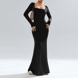 Square Neck Solid Color Knit Skirt With Hip Wrap