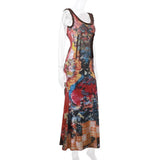 Stylish And Retro Tie-Dyed Printed U-Neck Dress