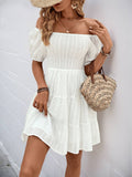 Textured Off-Shoulder Drawstring Waist Mini Dress