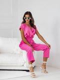Solid Color V-Neck Commuter Pinch-Waist Jumpsuit