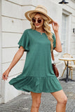 Solid Color Crew Neck Short Sleeve Pleated Dress