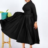 FASHIONABLE PLEATED PLUS SIZE SWING SKIRT DRESS_CWDMD3665