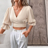 V-Neck Style Puffed Sleeve Short Pullover Top